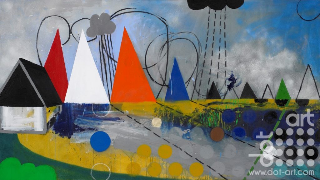 LANDSCAPE NOON (after The Hay Wain by Constable). Acrylic paint spray paint and charcoal on canvas. 90x160cm. £2510