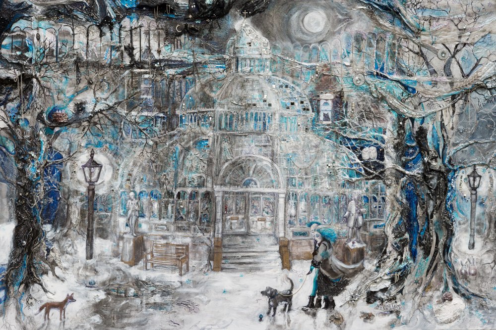 Starry Snowy Palm House, mixed media on canvas by Susan Finch