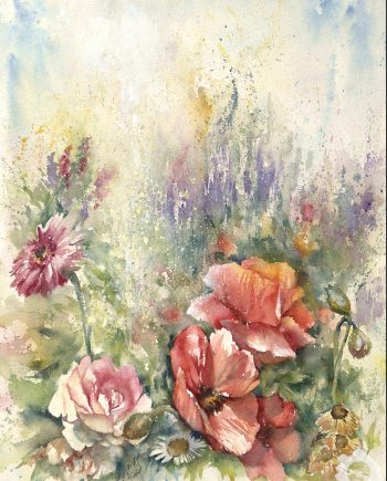 A watercolour painting of colourful red and pink flowers with a green background